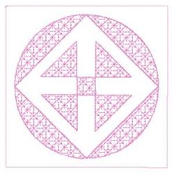Geometric design with a circular motif filled with triangular grid patterns, featuring light pink outlines on a white backgro
