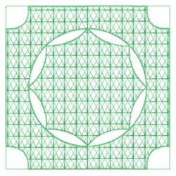 Geometric design with prominent circular motifs, green outlines, and stylized leaf shapes, perfect for quilting.