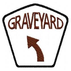 Bold text patch reading 'GRAVEYARD' with directional arrow on simple pentagon shape, black and brown design.