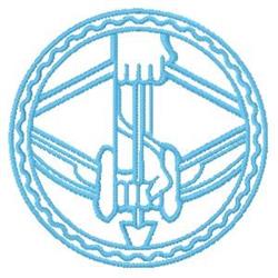 Stylized hand holding a tool in blue line art, enclosed in a circular outline, perfect for a modern kitchen towel.