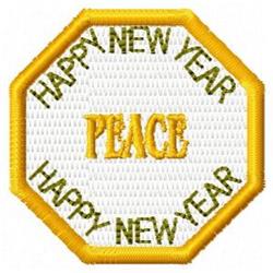 Octagonal patch with cheerful design featuring 'HAPPY NEW YEAR' and 'PEACE' in green, framed by a yellow border.
