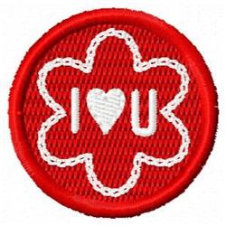 Embroidery patch with a heart features a vibrant red background, white flower shape, and playful 'I ♥ U' text, perfect for Va
