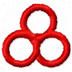 Interlocking rings in bright red, thickly embroidered on a light background, featuring a simple and bold design.