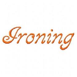 Cursive lettering of 'Ironing' in warm orange on a plain background; simple, elegant design for home decor.