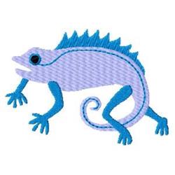 Cartoon lizard with a light blue body, dark blue spines, and a playful black eye, perfect for vibrant embroidery.