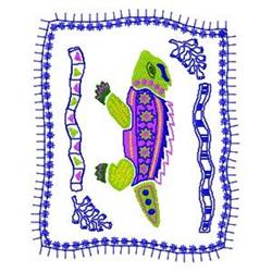 Colorful lizard framed by geometric and leaf motifs, showcasing vibrant greens, pinks, and purples.