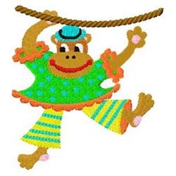 Playful monkey swinging on a rope in vibrant polka dot outfit, perfect for kids' designs.