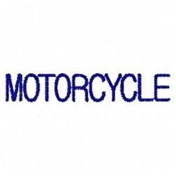 Bold blue text spelling 'MOTORCYCLE' on a clean white background, featuring simple machine embroidery.