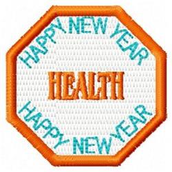 Colorful New Year patch with an octagonal shape, featuring turquoise 'HAPPY NEW YEAR' text and orange 'HEALTH' in the center.