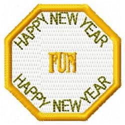 Octagonal patch with a cheerful yellow border, featuring 'HAPPY NEW YEAR' in green and 'FUN' in bold yellow, perfect for fest
