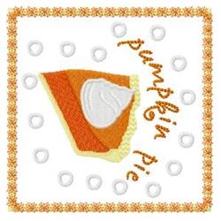 Playful pumpkin pie slice with creamy topping, orange floral border on a white backdrop, perfect for Thanksgiving.