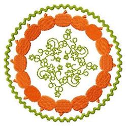 Playful pumpkins with a green scalloped border and floral vines, perfect for fall decor.