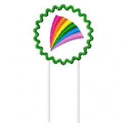 Cheerful rainbow in vibrant colors with a green scalloped border and two white sticks, perfect for festive celebrations.
