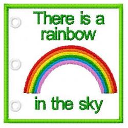 Playful rainbow arching over bold green text 'There is a rainbow in the sky', framed by a bright green border.
