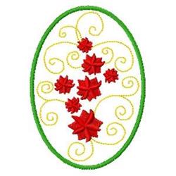 Playful design of vibrant red flowers within a green oval border, accented with golden swirls, capturing a festive fall theme