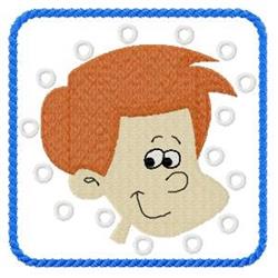 Cartoon boy with red hair and a smiling face, outlined in blue, playful design ideal for children's projects.