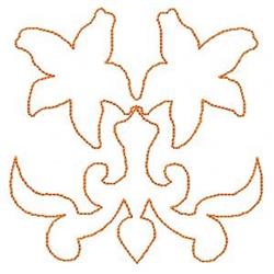Redwork floral design with four petals outlined in a continuous line, elegantly rendered in orange on white.