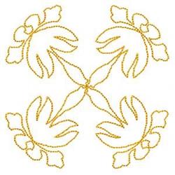 Redwork floral design with elegant yellow outlines, featuring four symmetrical flowers with curved petals and leaves.