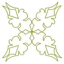 Redwork ornamental design featuring light green leaf patterns in a symmetrical 'X' shape with a simple outline.