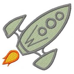 Cartoon rocket in light green with dark gray outline, three windows, and orange flame, perfect for playful projects.