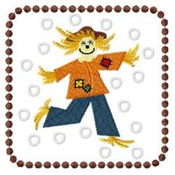 Cheerful scarecrow in orange shirt and blue pants, cartoon style, with a playful fall theme against a white background.