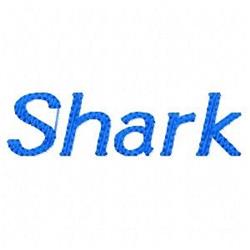 Bright blue text spelling 'Shark' in a simple embroidery font on a clean white background.