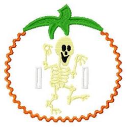 Playful skeleton dances joyfully inside an orange pumpkin, adorned with leafy green tops, perfect for Halloween.