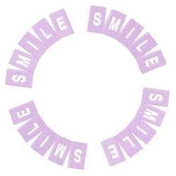 Playful text 'SMILE' in a circular pattern on purple backgrounds, creating a cheerful, uplifting vibe.