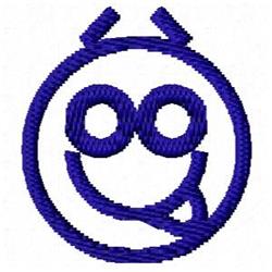 Playful smiley face in vibrant blue with cartoon eyes featuring an infinity symbol, enclosed in a circle.