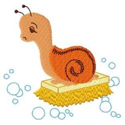 Cute cartoon snail with a light orange body on a yellow sponge, surrounded by cheerful light blue bubbles.