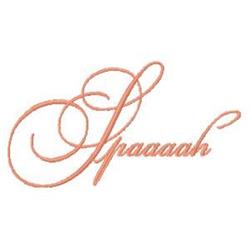 Cursive text 'Spoaaaah' in soft peach with elegant flow, featuring a whimsical design for fabric applications.