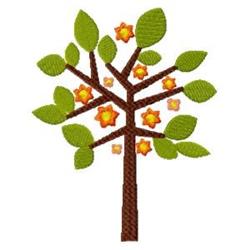 Playful tree with a brown trunk and vibrant green leaves, adorned with bright orange flowers, ideal for spring.