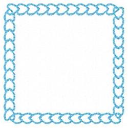 Square chain stitch border with playful blue interlinked design, featuring simple geometric lines on a white background.