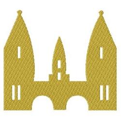 Stylized castle with two towers and an arched entryway in textured gold, perfect for fantasy decor.