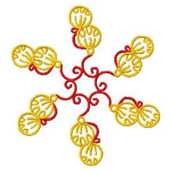 Stylized snowflake design with vibrant yellow circles and playful red swirling lines, perfect for winter-themed projects.