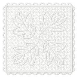 Delicate leaf pattern with outlined leaves over a textured background and scalloped edges in a subtle style.