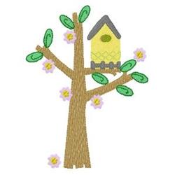Playful tree with green leaves and yellow birdhouse, adorned with pink flowers. Perfect for spring-themed decor.