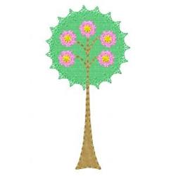 Applique tree with a vibrant green crown, pink flowers, and a brown trunk in a playful design.