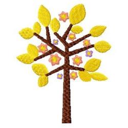 Stylized tree with a sturdy brown trunk, vibrant yellow leaves, and cheerful pink flowers, ideal for spring-themed embroidery