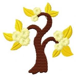 Stylized tree with a twisting brown trunk, bright yellow leaves, and white flowers, celebrating spring in a playful, colorful