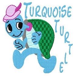 Cheerful turquoise turtle with green shell and pink hat, playful design for kids, perfect for colorful embroidery.