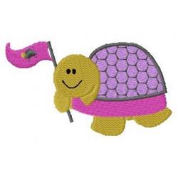 Cartoon turtle with a yellow body and pink shell, smiling and holding a flag, perfect for playful embroidery.