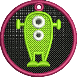 FSL playful alien character in vibrant green, with two large eyes, framed by a pink circular border against a black backgroun