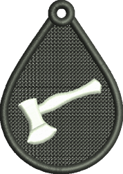 FSL axe in white on a drop-shaped patch with a black background, featuring a modern, simplistic style.