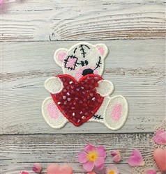 FSL bear holding a vibrant red heart, featuring textured detailing and playful pink flower petals, perfect for Valentine's Da
