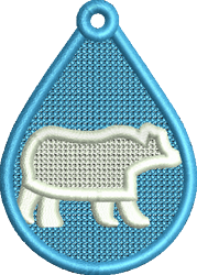 FSL bear silhouette in a teardrop shape, featuring a vibrant blue background and a playful design.