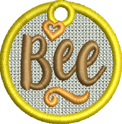 FSL ornament with the word 'Bee' in a playful script, enclosed by a bright yellow circular outline.