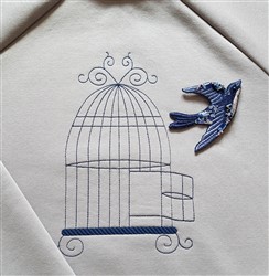 FSL birdcage with dark blue outline, whimsical curves, and a blue bird with floral details perched nearby.
