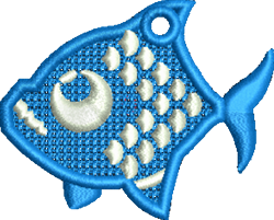 FSL blue fish with vibrant scales and a crescent shape, featuring lace detailing and a playful tail.