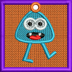 FSL blue triangular monster with big eyes, playful smile, orange textured background, and purple frame.